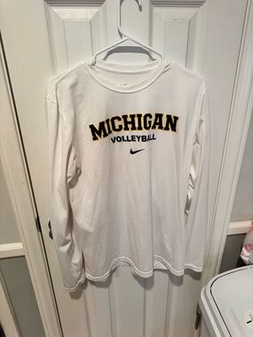 Nike White Michigan Volleyball Long Sleeve Tee with Black & Yellow Logo
